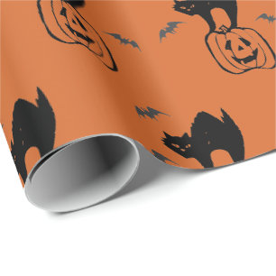 Papel De Regalo Calabaza y gato negro de Halloween