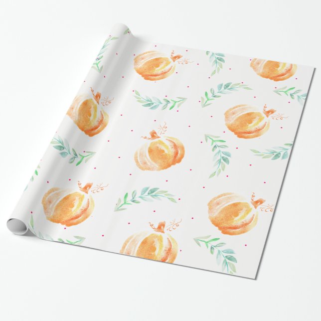 Papel De Regalo Calabazas acuarelas otoñales y laureles verdes (Desenrollado)