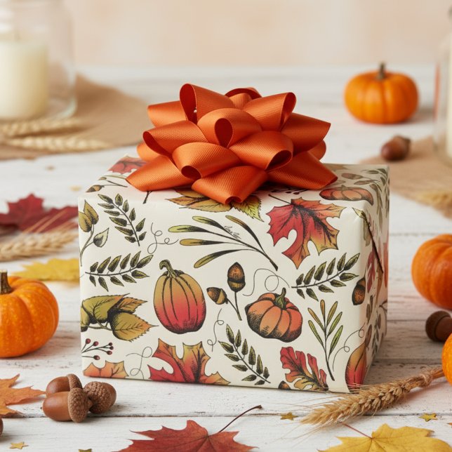 Papel De Regalo Calabazas, alcornoques y hojas de otoño de cosecha (Rustic Fall Harvest Pumpkin, Autumn Leaves & Berries Gift Wrap. October Birthdays or Thanksgiving )