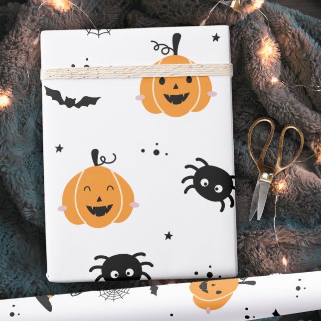 Papel De Regalo Calabazas, arañas y murciélagos (Cute Pumpkins, Spiders And Bats Halloween Wrapping Paper)