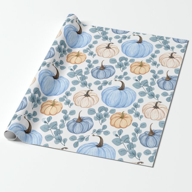 Papel De Regalo Calabazas azules y Naranjas y hojas de eucalipto (Desenrollado)