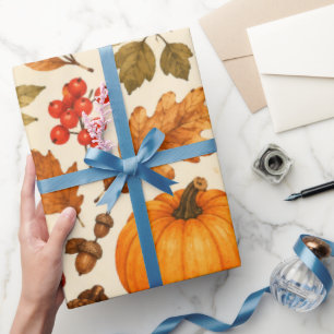 Papel De Regalo Calabazas de Acuarela de Otoño, Hojas de Otoño y B