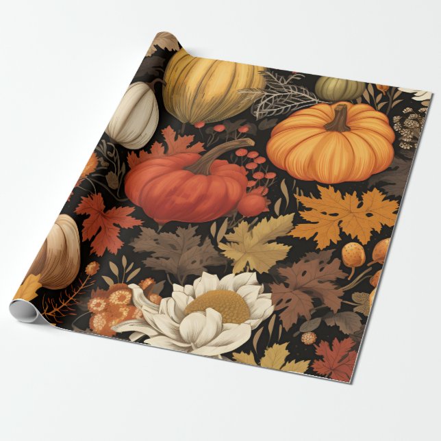 Papel De Regalo Calabazas de cosecha y hojas de otoño (Desenrollado)