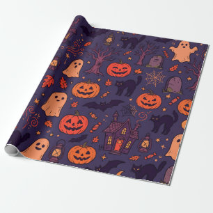 Papel De Regalo Calabazas de Halloween antiguas, fantasmas y gatos
