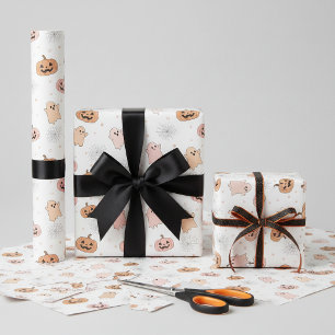 Papel De Regalo Calabazas de Halloween con fantasmas en patrón pas