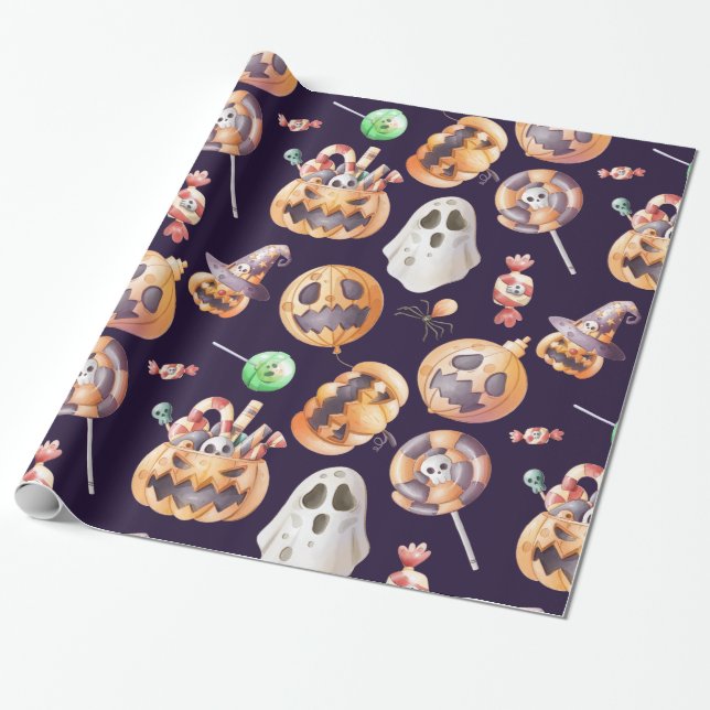 Papel De Regalo Calabazas de Halloween con miedo y dulces (Desenrollado)