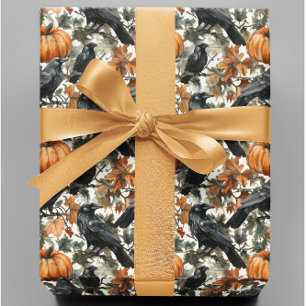 Papel De Regalo Calabazas de Halloween de Cuervo Acuarela Otoño