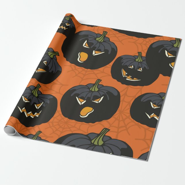 Papel De Regalo Calabazas de Halloween negras sobre el Naranja (Desenrollado)