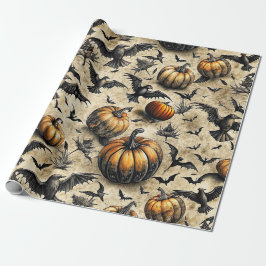 Papel De Regalo Calabazas de Halloween Vintage Murciélagos Cuervos