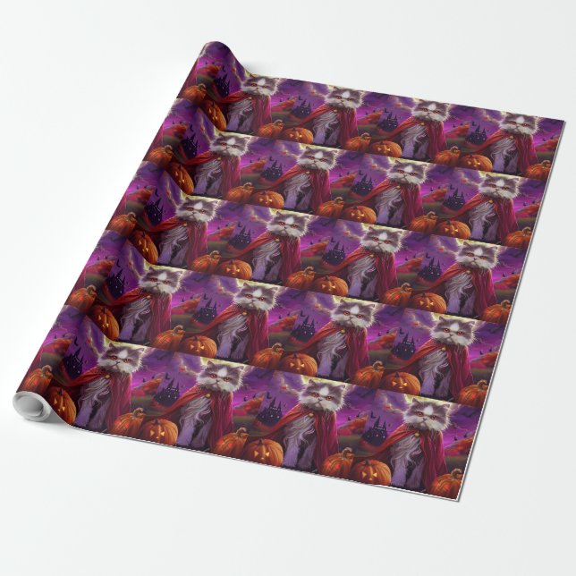Papel De Regalo Calabazas de vampiros de gatos persas de Halloween (Desenrollado)