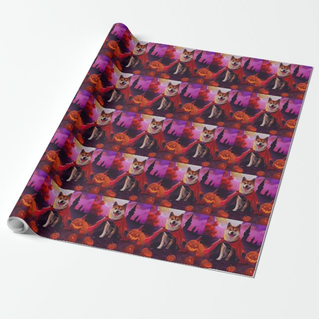 Papel De Regalo Calabazas de vampiros de Halloween Akita asustadas (Desenrollado)