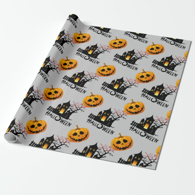 Papel De Regalo Calabazas fantasma y obsequio de Halloween en casa (Desenrollado)