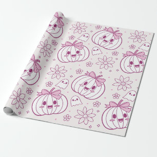 Papel De Regalo Calabazas, fantasmas y flores de Kawaii
