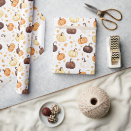 Papel De Regalo Calabazas Hojas Crema Naranja Marrón