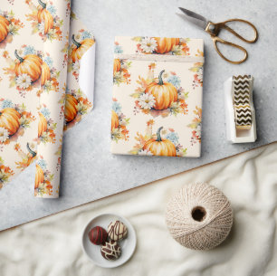 Papel De Regalo Calabazas Naranjas y Flores Patrón de Otoño