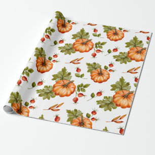 Papel De Regalo Calabazas otoñales, bayas rojas y hojas