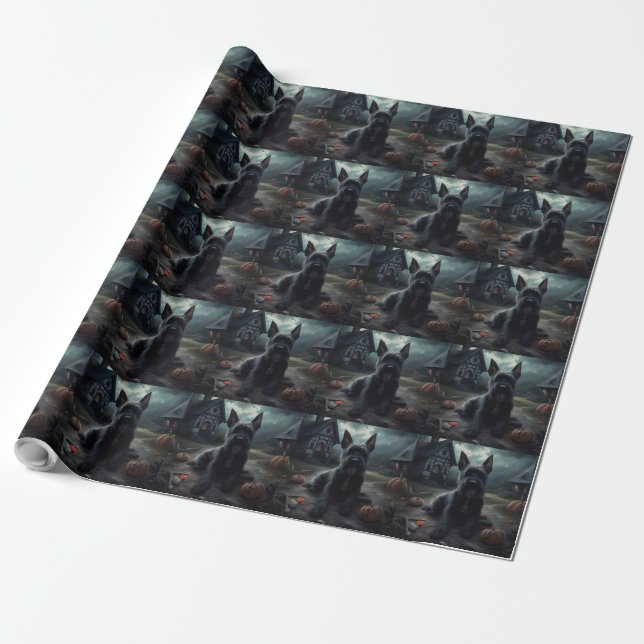 Papel De Regalo Calabazas Terrier Escocés de Halloween (Desenrollado)