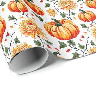 Papel De Regalo Calabazas y Crisantemos Festivos de Otoño