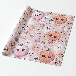 Papel De Regalo Calabazas y fantasmas de Halloween rosas sin foco