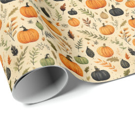 Papel De Regalo Calabazas y Hojas de Otoño Rústico en Cosecha Mela