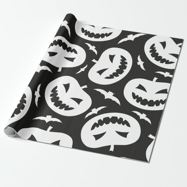 Papel De Regalo Calabazas y murciélagos blancos de halloween aisla (Desenrollado)