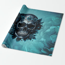 Papel De Regalo Calavera azul oscuro con rosas.