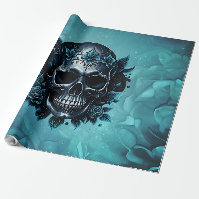Papel De Regalo Calavera azul oscuro con rosas. (Desenrollado)