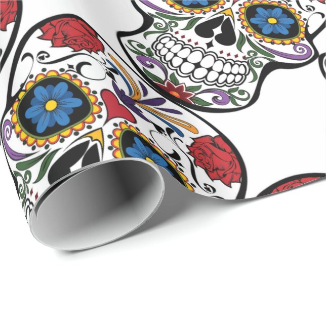 Papel De Regalo Calavera Cráneo de azúcar Gracioso Azul Blanco Roj (Esquina del rollo)