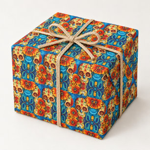 Papel De Regalo Calavera de Azúcar Colorida Patrón Floral Arte Fol