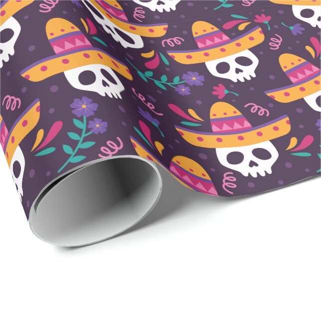 Papel De Regalo Calavera de azúcar floral con Sombrero (Esquina del rollo)