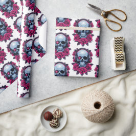 Papel De Regalo Calavera de cibermuerte neonatal y Rosas blancos