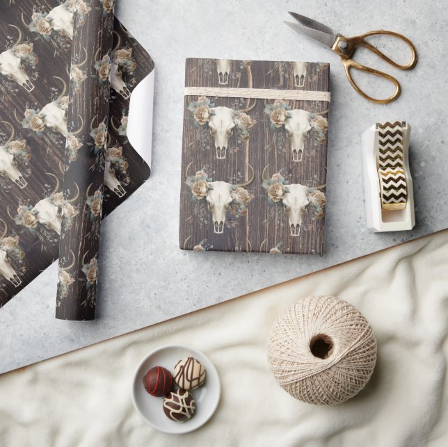 Papel De Regalo Calavera de madera boho collage del oeste silvestr (Artesanía)