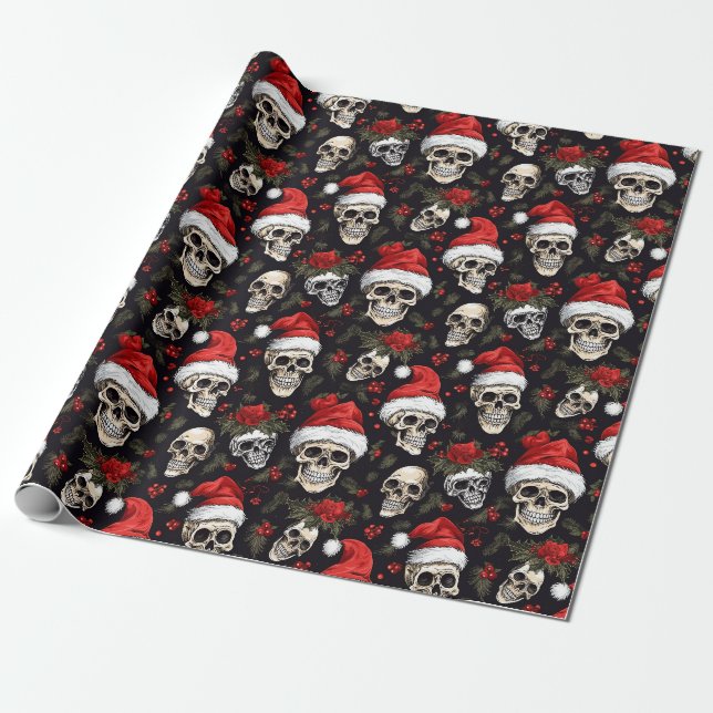 Papel De Regalo Calavera de Navidad Gorro de Santa Patrón Gótico (Desenrollado)