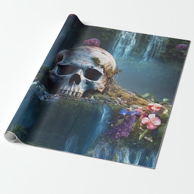 Papel De Regalo Calavera entre cascadas y flores (Desenrollado)