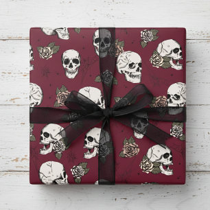 Papel De Regalo Calavera floral gótica de Borgoña elegante