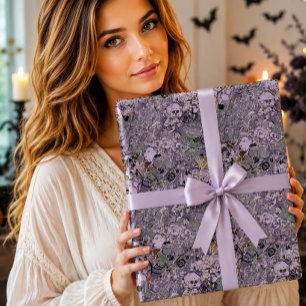 Papel De Regalo Calavera Floral Morada Pastel Gótica Acuarela