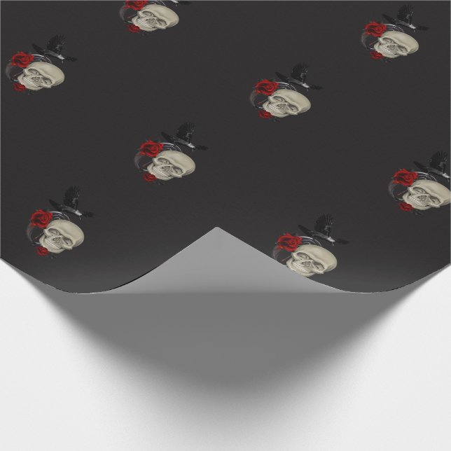 Papel De Regalo Calavera gótica con Rosa y raven (Esquina)