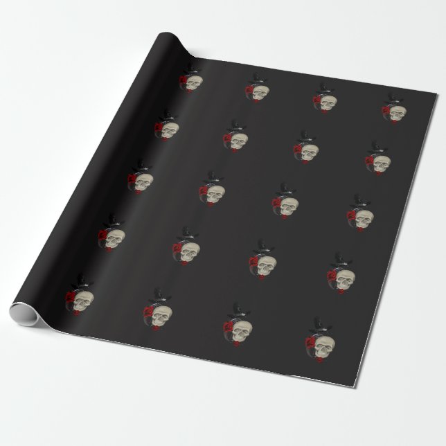 Papel De Regalo Calavera gótica con Rosa y Raven (Desenrollado)