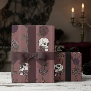 Papel De Regalo Calavera gótica de color malva oscuro y rayas de r