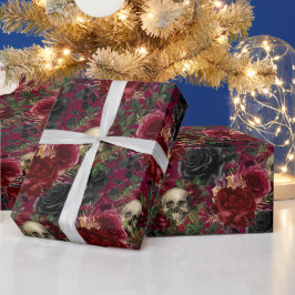 Papel De Regalo Calavera gótica vintage y Rosas rojos y negros