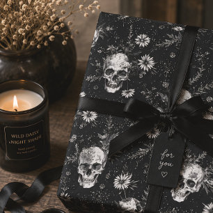 Papel De Regalo Calavera Gótica y Floral Negro de Flores Silvestre