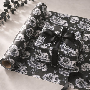 Papel De Regalo Calavera Gótica y Rosas Floral Oscuro