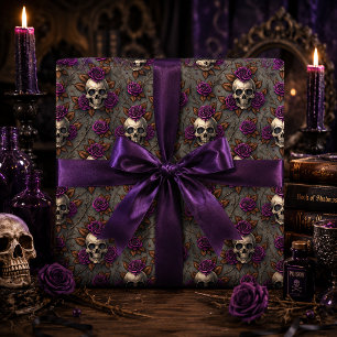Papel De Regalo Calavera Gótica y Rosas Purpúreas Floral Oscuro