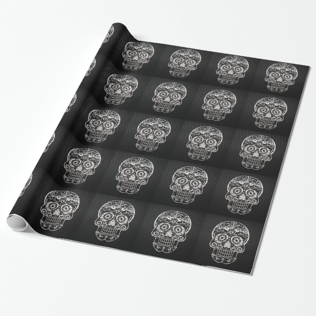 Papel De Regalo Calavera, metalizado plata negra 04 (Desenrollado)