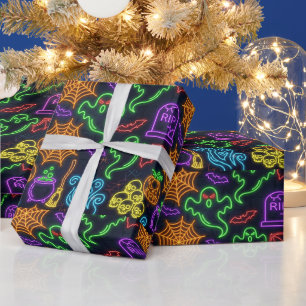 Papel De Regalo Calavera Murciélagos Fantasma Spooky Halloween Neó