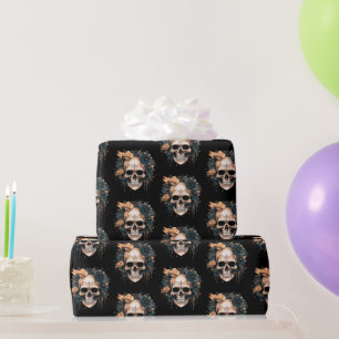 Papel De Regalo Calavera Patrón de Flores Negras y Doradas Hallowe