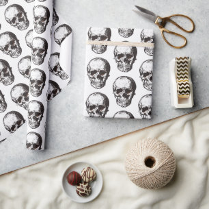 Papel De Regalo Calavera Patrón Negro y Blanco Halloween