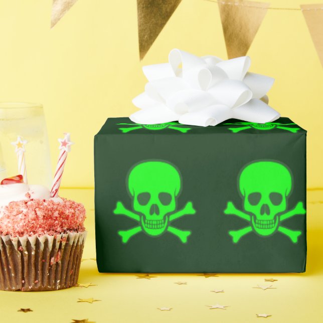 Papel De Regalo Calavera verde y huesos cruzados (Fiesta de cumpleaños )