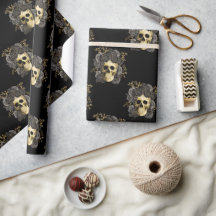 Calavera Vintage Gótico Rosas Negras y Doradas