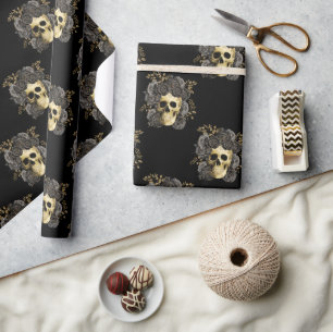 Papel De Regalo Calavera Vintage Gótico Rosas Negras y Doradas